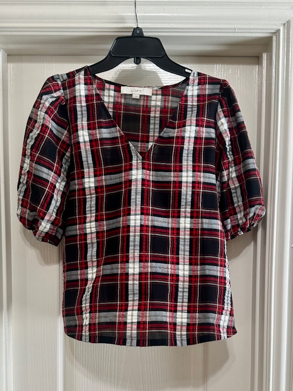 Loft Seersucker Plaid V Neck Top